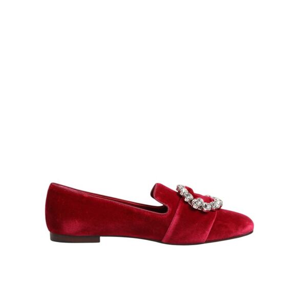 Dolce & Gabbana Red Velvet Crystal Buckle Loafers Flats Women's Shoes - Picture 1 of 5